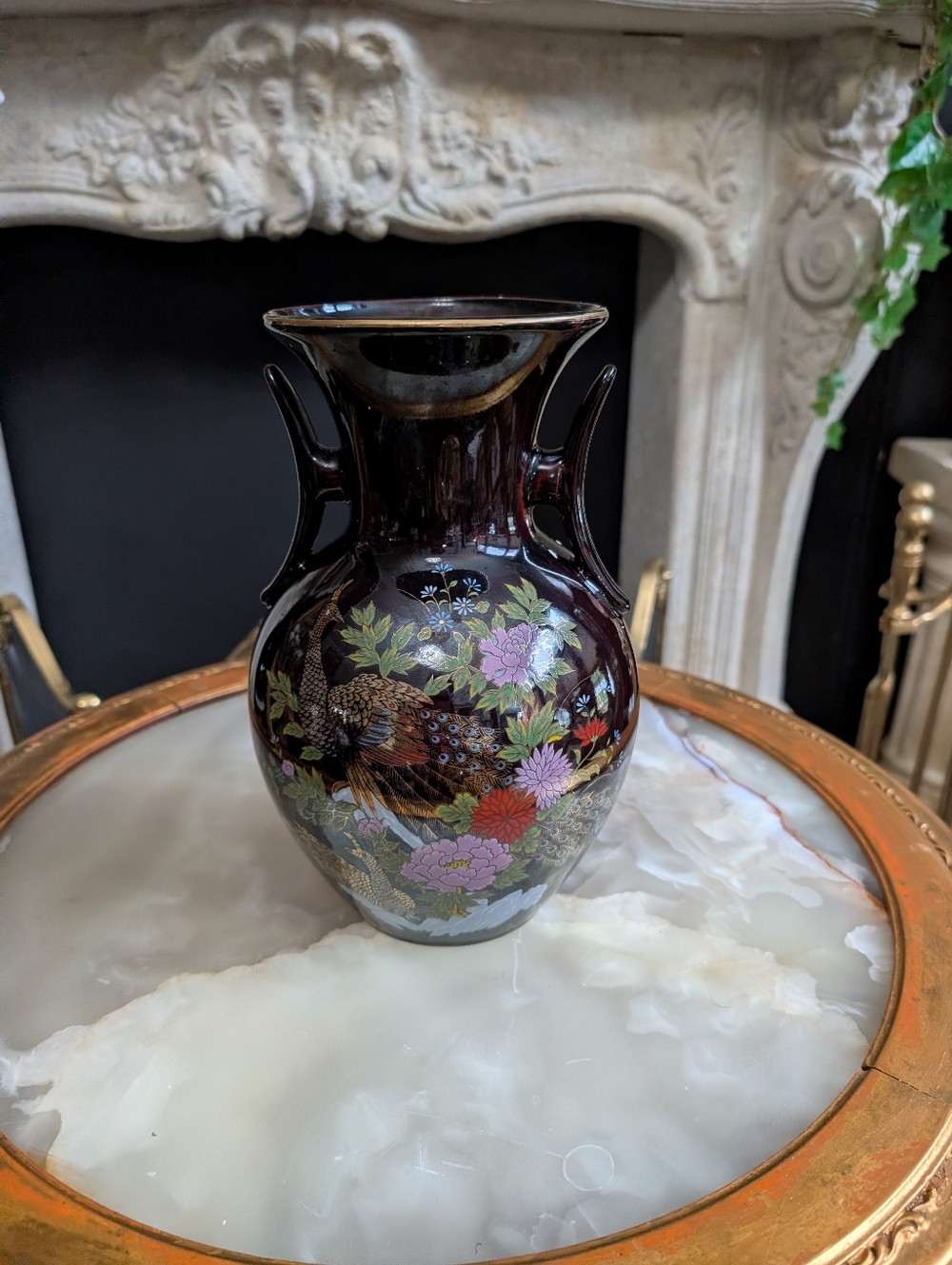 Vintage Japan Porcelain Peacock Flowers Double Handled Chinoiserie Vase Urn 10"